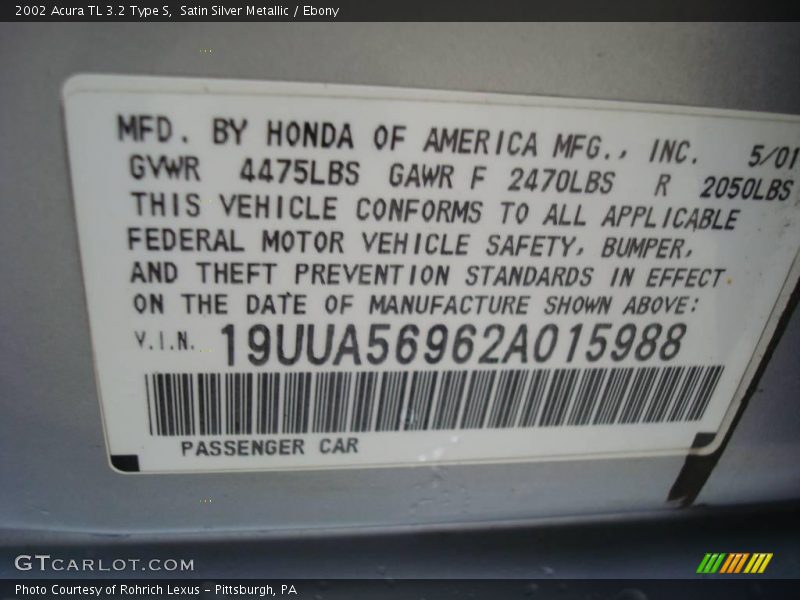 Satin Silver Metallic / Ebony 2002 Acura TL 3.2 Type S