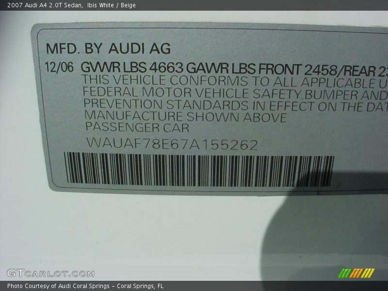 Ibis White / Beige 2007 Audi A4 2.0T Sedan