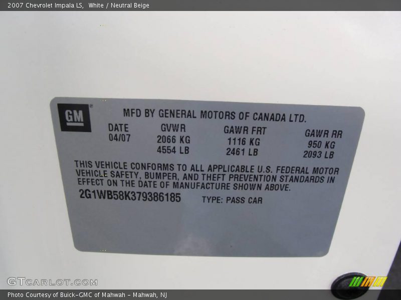 White / Neutral Beige 2007 Chevrolet Impala LS