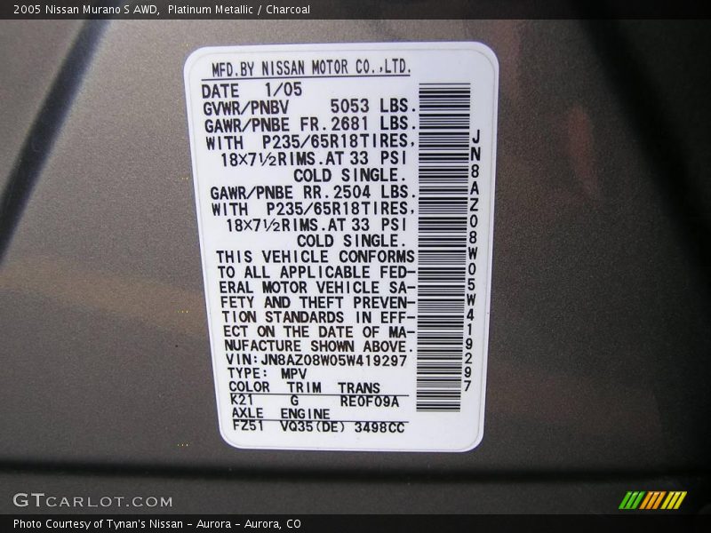 Platinum Metallic / Charcoal 2005 Nissan Murano S AWD
