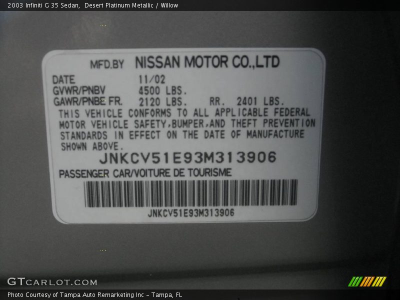 Desert Platinum Metallic / Willow 2003 Infiniti G 35 Sedan