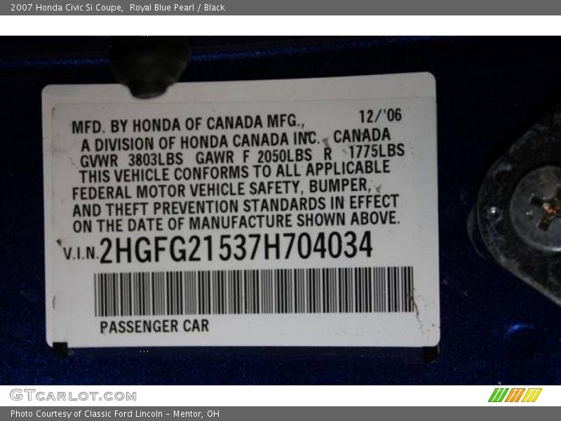 Royal Blue Pearl / Black 2007 Honda Civic Si Coupe