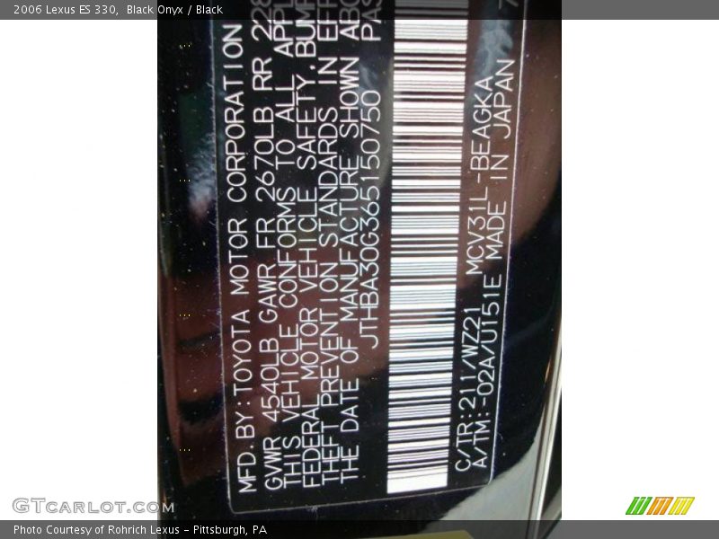 Black Onyx / Black 2006 Lexus ES 330