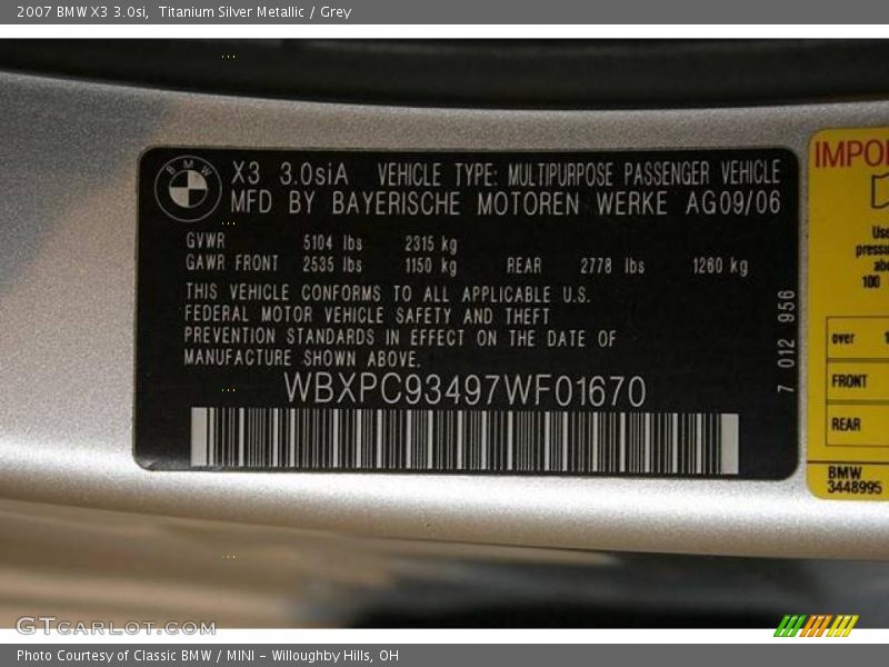 Titanium Silver Metallic / Grey 2007 BMW X3 3.0si