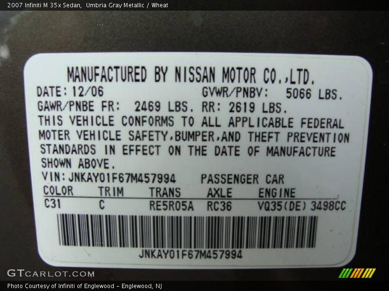 Umbria Gray Metallic / Wheat 2007 Infiniti M 35x Sedan