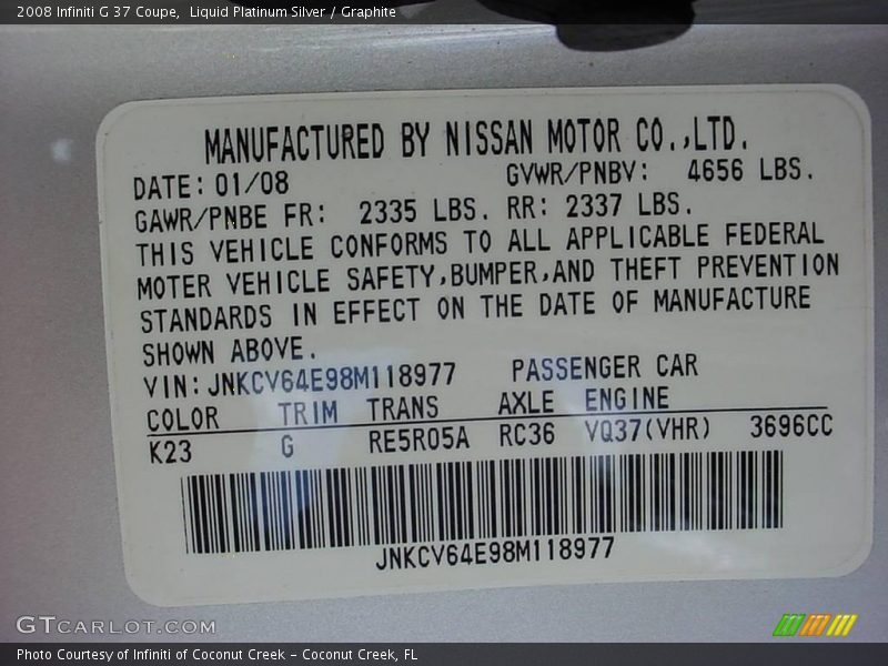Liquid Platinum Silver / Graphite 2008 Infiniti G 37 Coupe