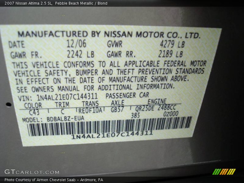 Pebble Beach Metallic / Blond 2007 Nissan Altima 2.5 SL