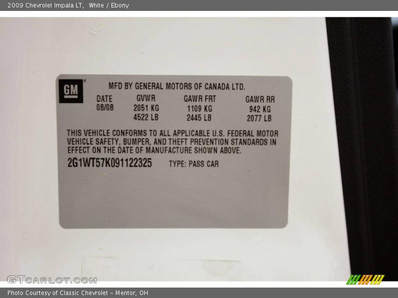 White / Ebony 2009 Chevrolet Impala LT