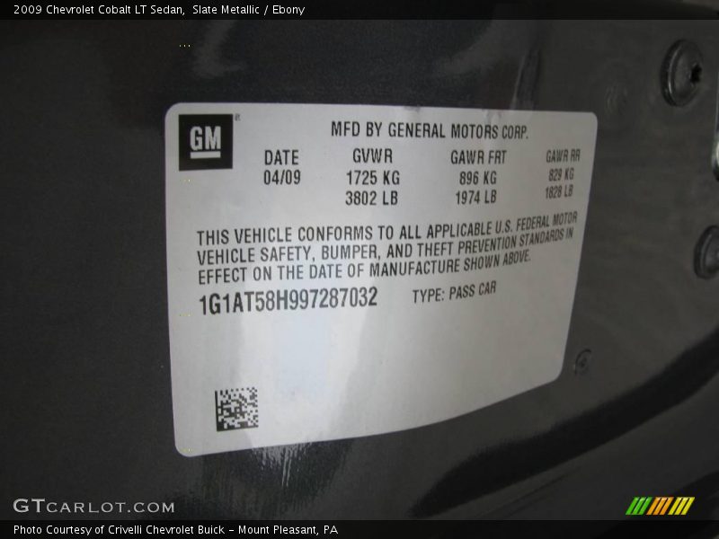 Slate Metallic / Ebony 2009 Chevrolet Cobalt LT Sedan
