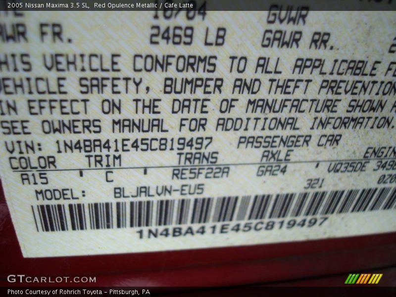 Red Opulence Metallic / Cafe Latte 2005 Nissan Maxima 3.5 SL