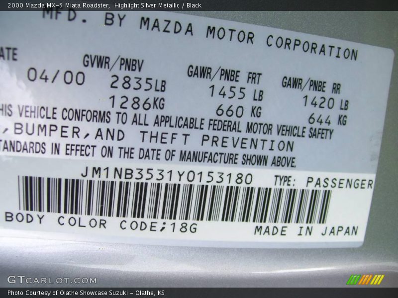 Highlight Silver Metallic / Black 2000 Mazda MX-5 Miata Roadster