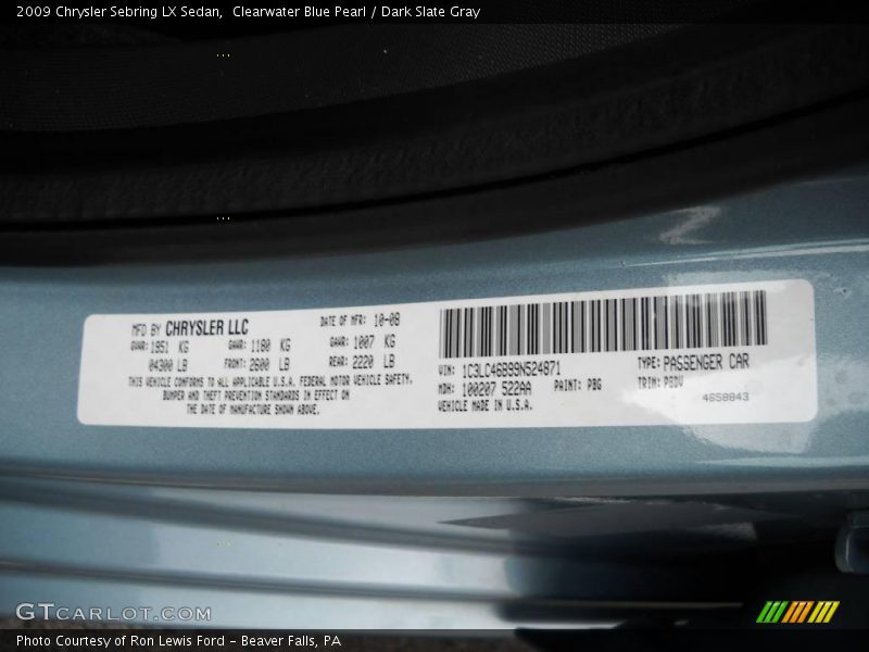 Clearwater Blue Pearl / Dark Slate Gray 2009 Chrysler Sebring LX Sedan