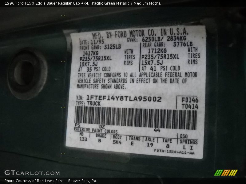 Pacific Green Metallic / Medium Mocha 1996 Ford F150 Eddie Bauer Regular Cab 4x4