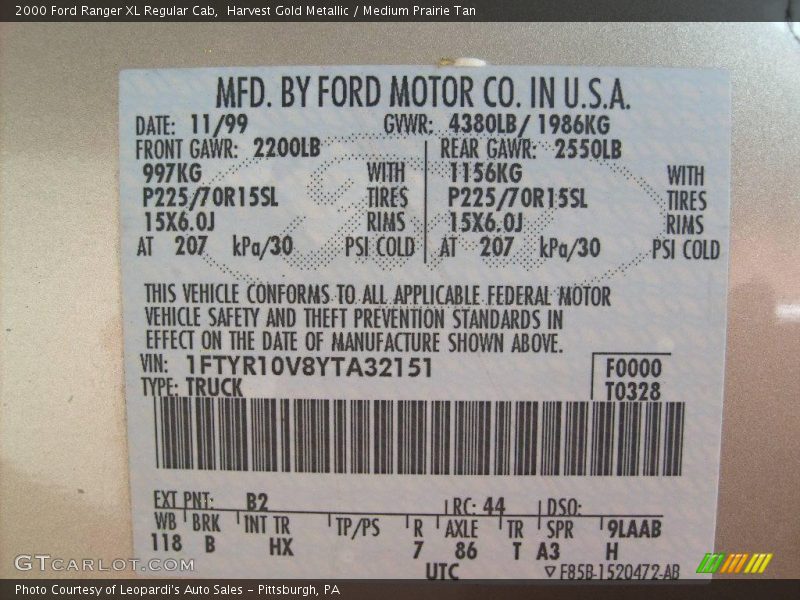 Harvest Gold Metallic / Medium Prairie Tan 2000 Ford Ranger XL Regular Cab