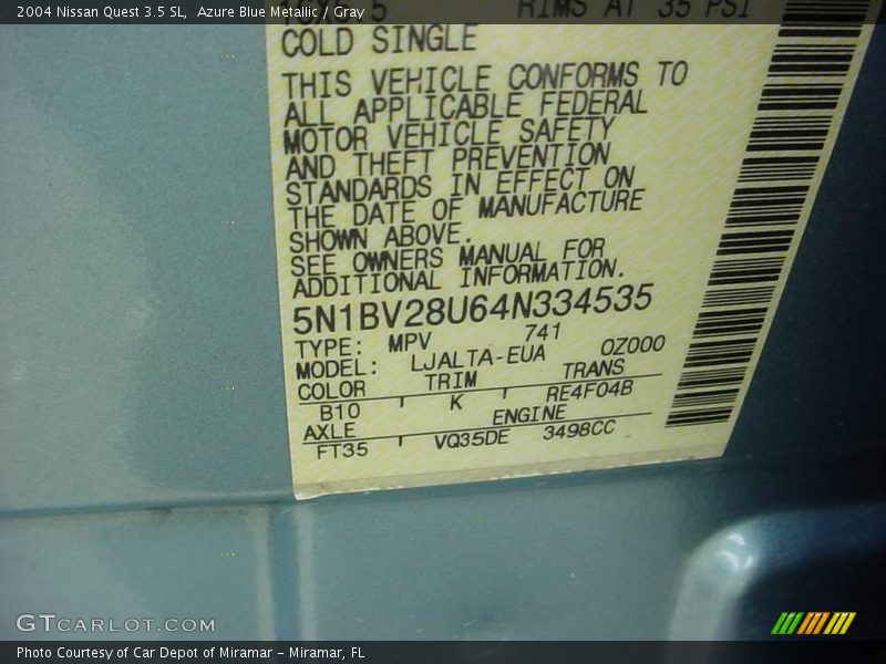 Azure Blue Metallic / Gray 2004 Nissan Quest 3.5 SL