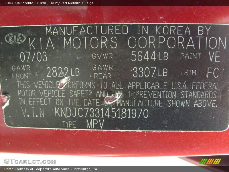 Ruby Red Metallic / Beige 2004 Kia Sorento EX 4WD
