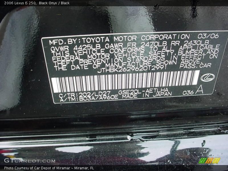 Black Onyx / Black 2006 Lexus IS 250