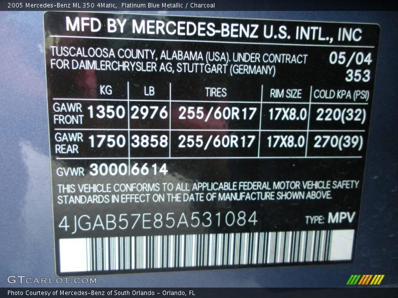 Platinum Blue Metallic / Charcoal 2005 Mercedes-Benz ML 350 4Matic