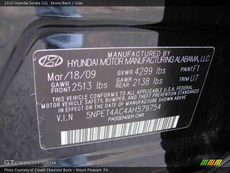 Ebony Black / Gray 2010 Hyundai Sonata GLS