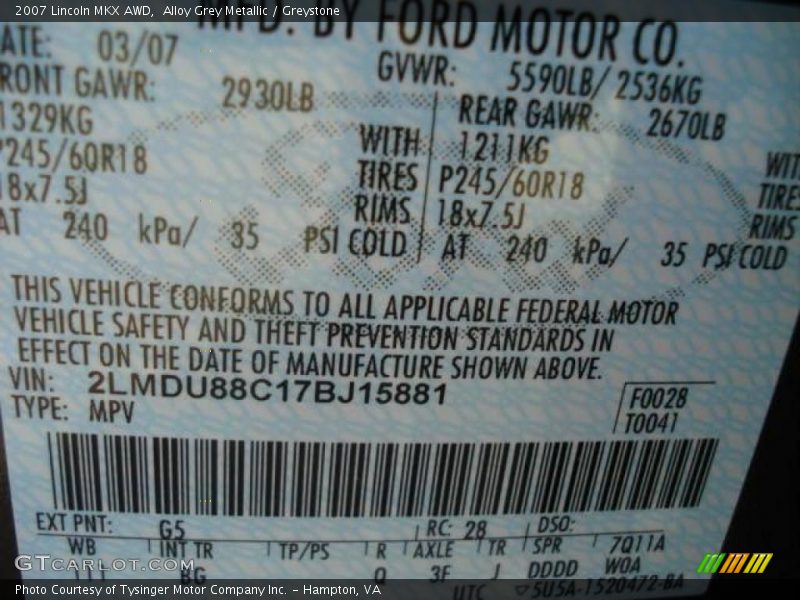 Alloy Grey Metallic / Greystone 2007 Lincoln MKX AWD