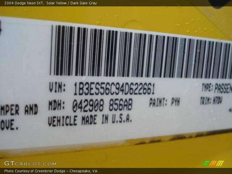Solar Yellow / Dark Slate Gray 2004 Dodge Neon SXT
