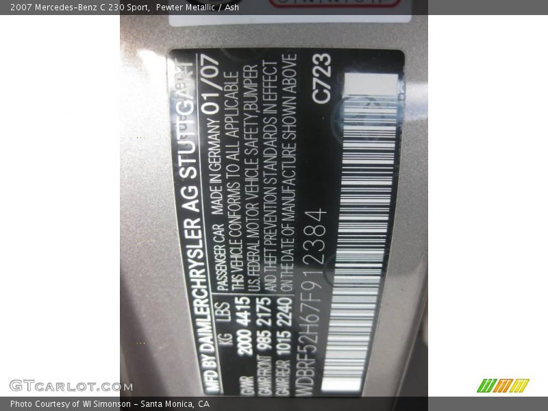 Pewter Metallic / Ash 2007 Mercedes-Benz C 230 Sport