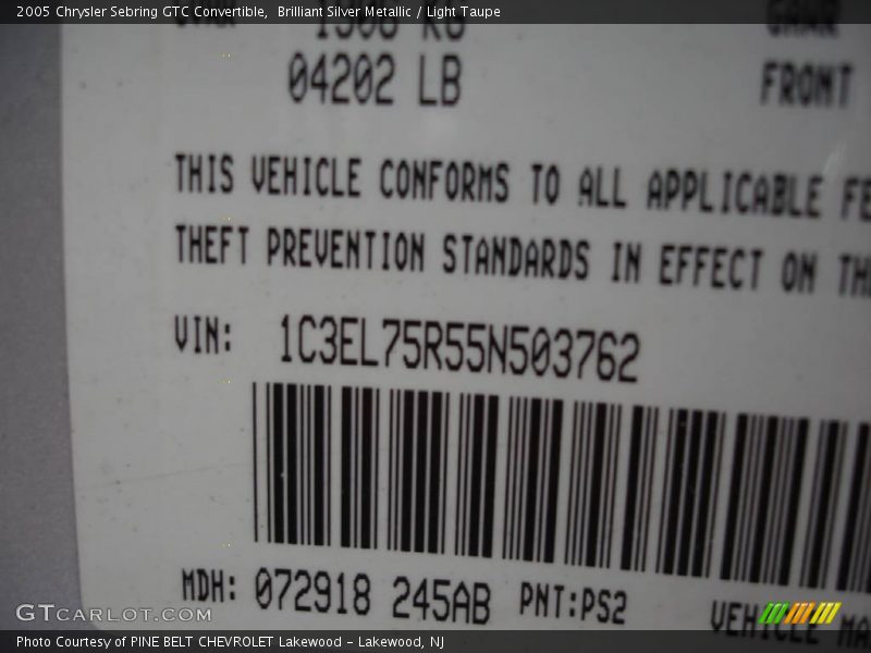 Brilliant Silver Metallic / Light Taupe 2005 Chrysler Sebring GTC Convertible