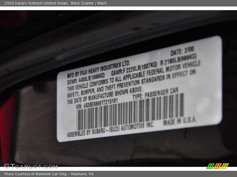 Black Granite / Black 2000 Subaru Outback Limited Sedan
