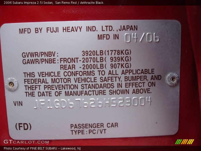 San Remo Red / Anthracite Black 2006 Subaru Impreza 2.5i Sedan