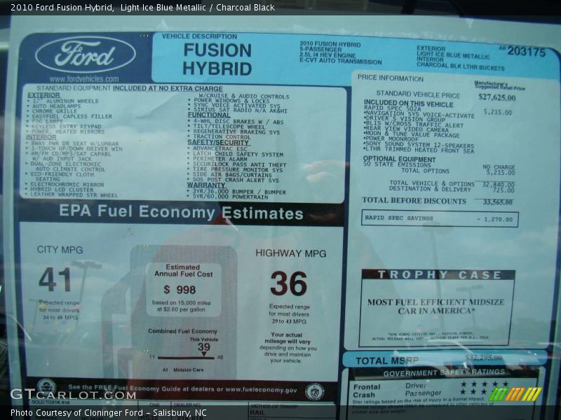 Light Ice Blue Metallic / Charcoal Black 2010 Ford Fusion Hybrid