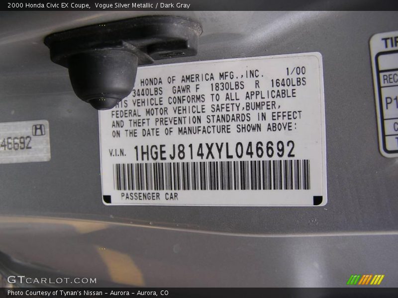 Vogue Silver Metallic / Dark Gray 2000 Honda Civic EX Coupe