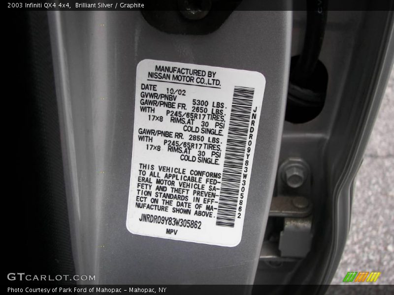 Brilliant Silver / Graphite 2003 Infiniti QX4 4x4