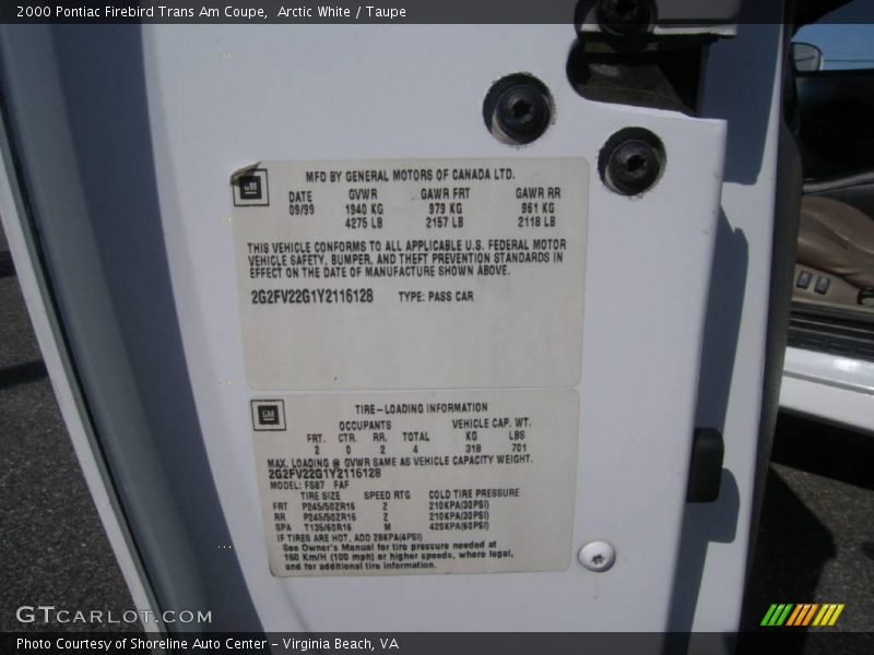 Arctic White / Taupe 2000 Pontiac Firebird Trans Am Coupe