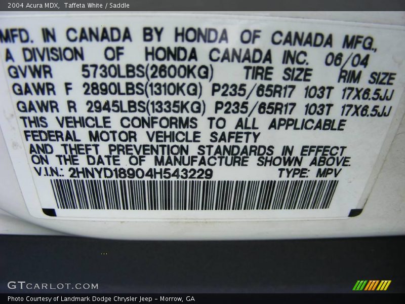 Taffeta White / Saddle 2004 Acura MDX