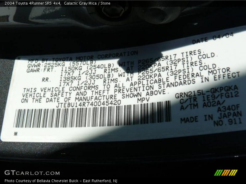 Galactic Gray Mica / Stone 2004 Toyota 4Runner SR5 4x4