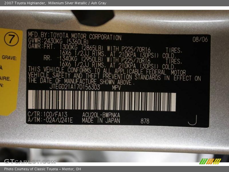 Millenium Silver Metallic / Ash Gray 2007 Toyota Highlander