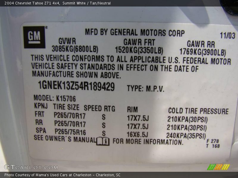 Summit White / Tan/Neutral 2004 Chevrolet Tahoe Z71 4x4