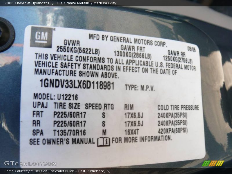 Blue Granite Metallic / Medium Gray 2006 Chevrolet Uplander LT