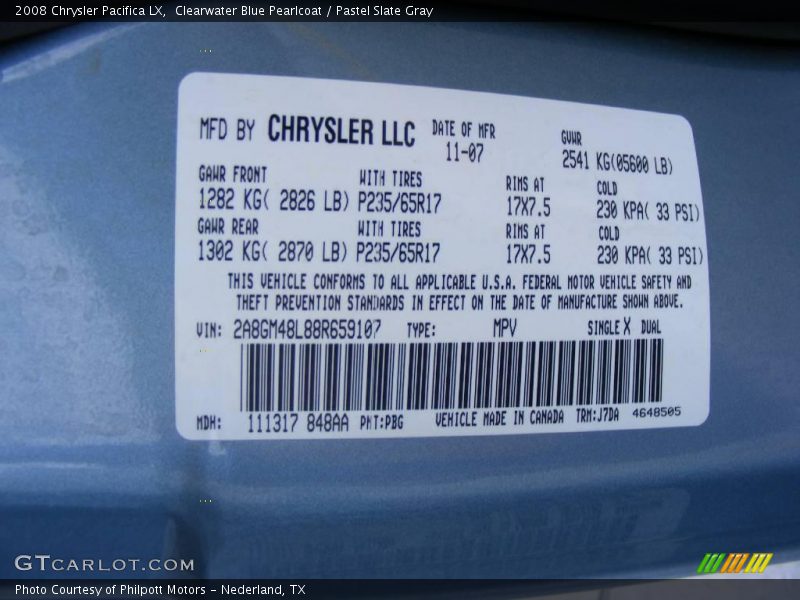 Clearwater Blue Pearlcoat / Pastel Slate Gray 2008 Chrysler Pacifica LX