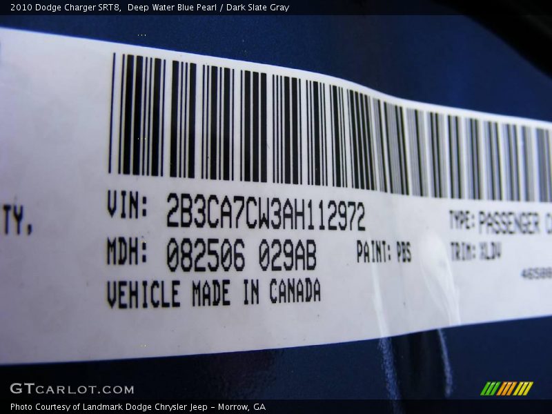 2010 Charger SRT8 Deep Water Blue Pearl Color Code PBS
