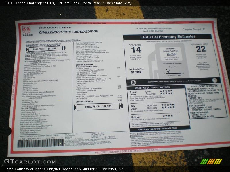  2010 Challenger SRT8 Window Sticker