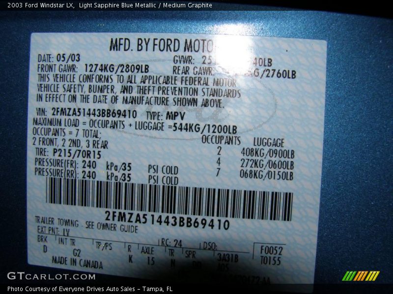 Light Sapphire Blue Metallic / Medium Graphite 2003 Ford Windstar LX