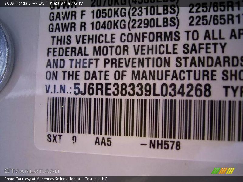 Taffeta White / Gray 2009 Honda CR-V LX