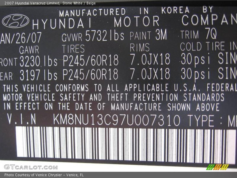 Stone White / Beige 2007 Hyundai Veracruz Limited