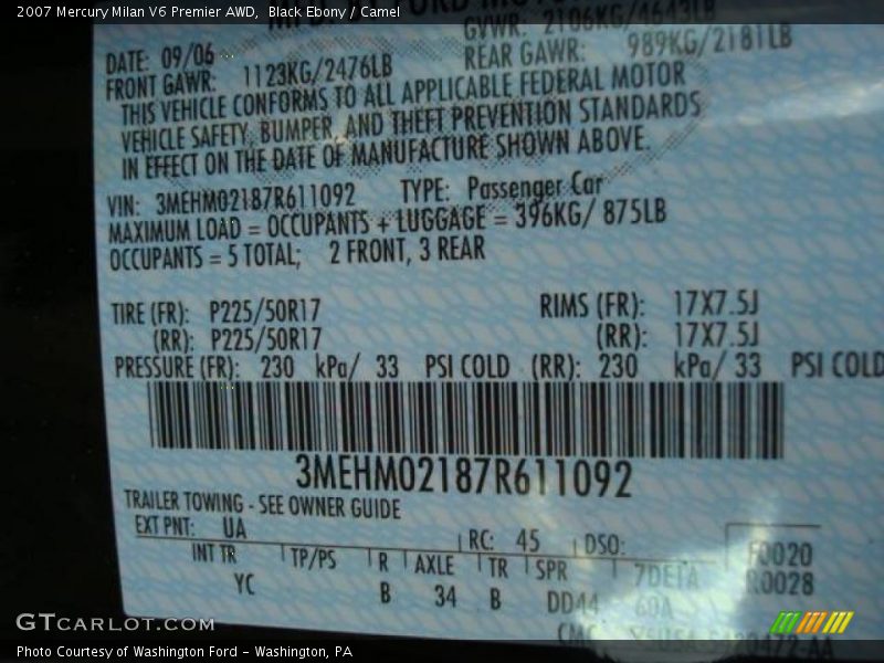 Black Ebony / Camel 2007 Mercury Milan V6 Premier AWD