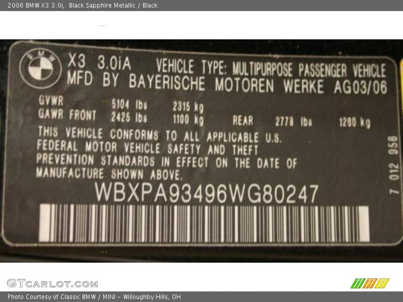 Black Sapphire Metallic / Black 2006 BMW X3 3.0i