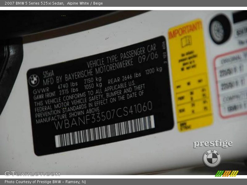 Alpine White / Beige 2007 BMW 5 Series 525xi Sedan