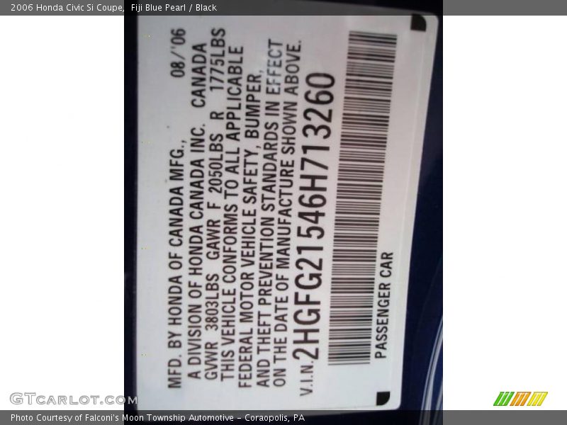 Fiji Blue Pearl / Black 2006 Honda Civic Si Coupe