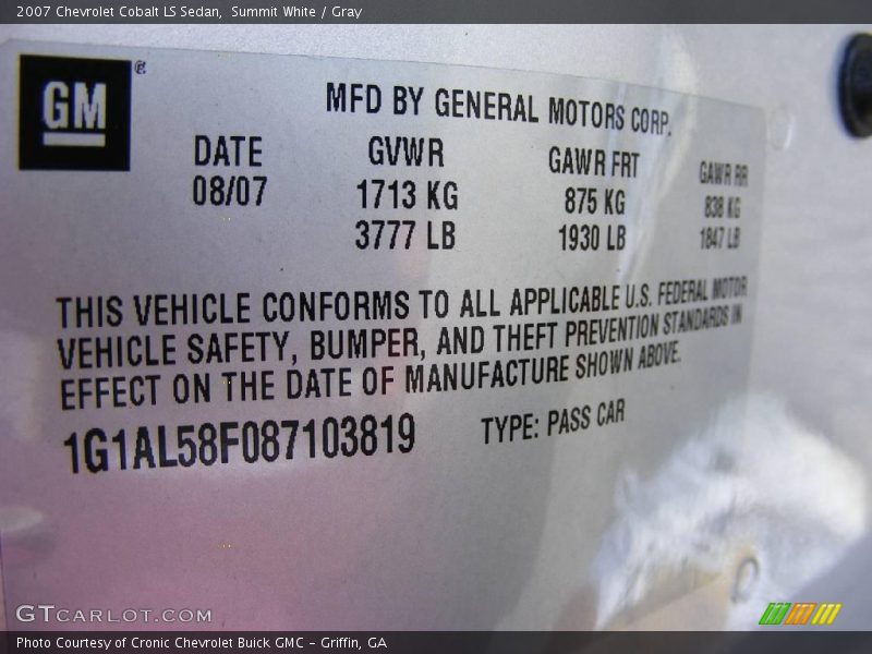 Summit White / Gray 2007 Chevrolet Cobalt LS Sedan
