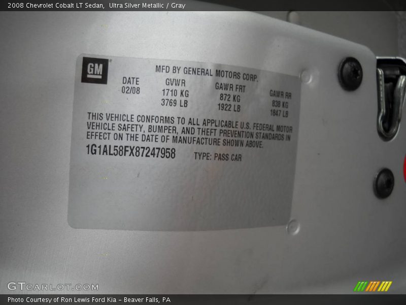 Ultra Silver Metallic / Gray 2008 Chevrolet Cobalt LT Sedan